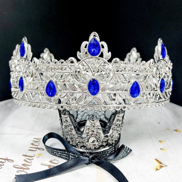 Royal King Crown, Blue Crystal Prince Crown, Vintage Silver Crown, Birthday Gift - Picture 1 of 7